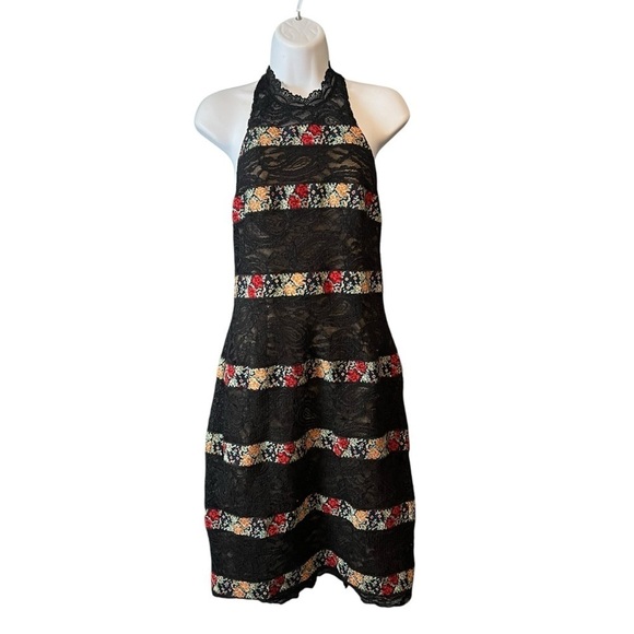 Free People Sheath Dress Black Lace Cocktail Party Floral Halter Embroidery US 6 - Picture 2 of 10